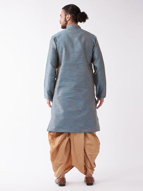 Vastramay Men's Aqua Blue And Rose Gold Silk Blend Kurta And Dhoti Set